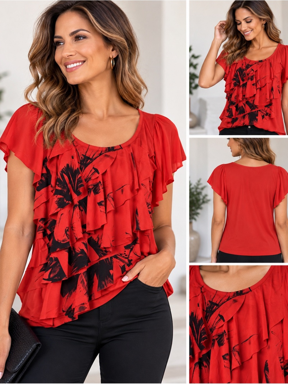 AB Studio, Red Ruffle Floral Short-Sleeve Top, Large